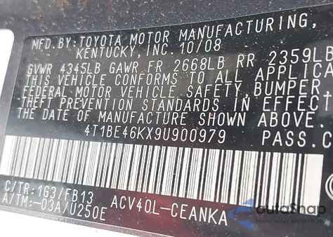 2009 Toyota Camry Le z USA, uszkodzony, nr VIN 4T1BE46KX9U900979